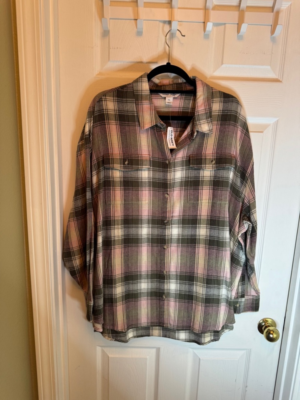 Old Navy Plaid Button-Down Shirt in Pink and Olive
